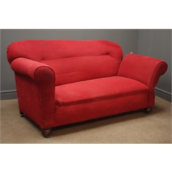  Pair early 20th century two seat drop end sofas, upholstered in red fabric, L165cm  