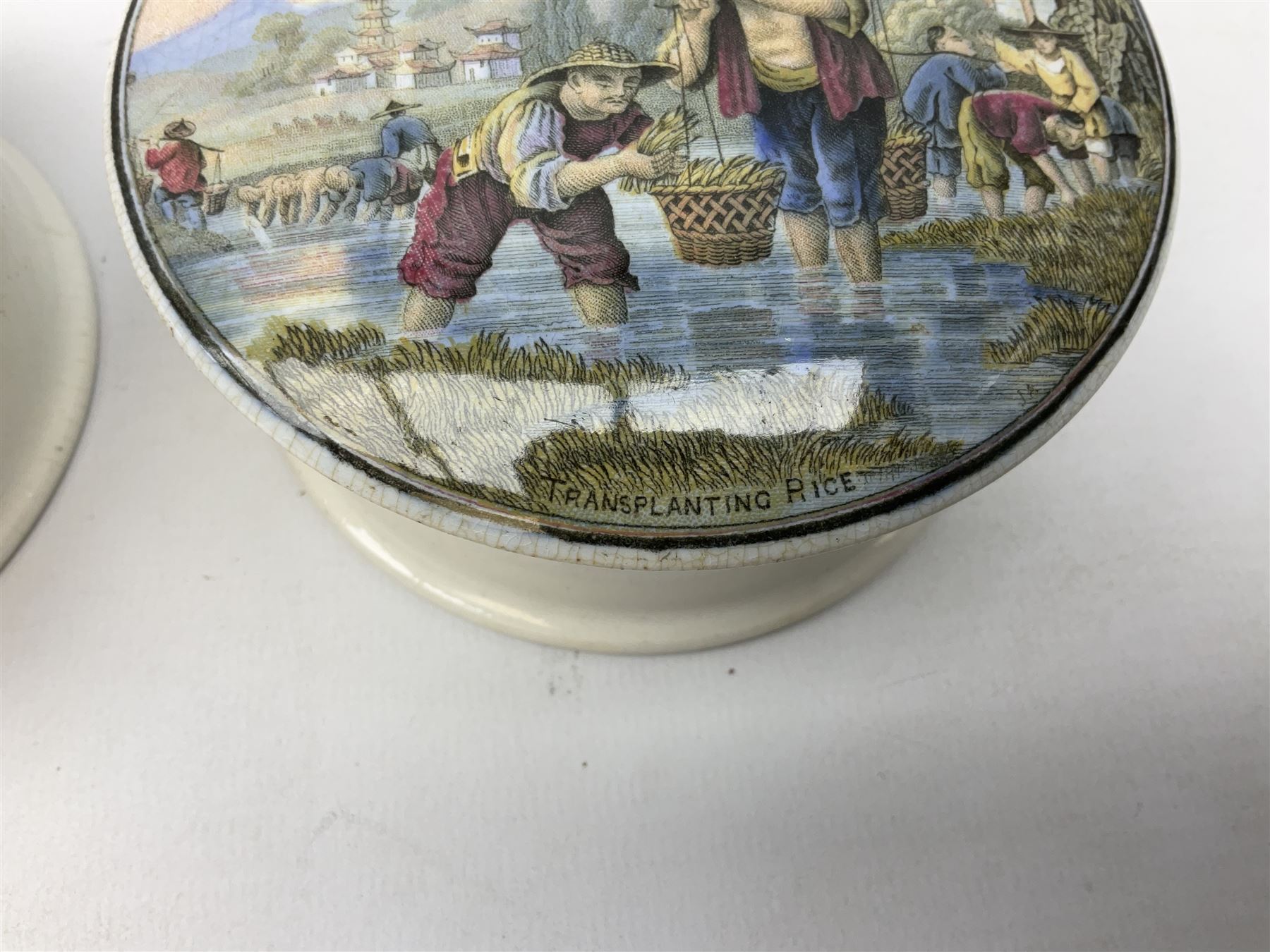 Two Victorian coloured pot lids and bases, The Enthusiast and