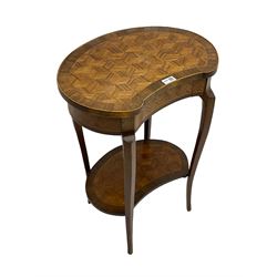 French style walnut parquetry kidney shaped table, fitted with frieze drawer, on cabriole supports united by undertier