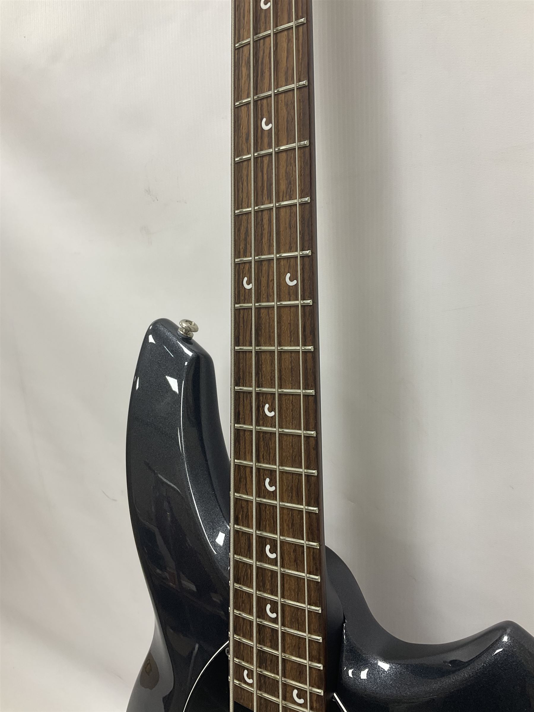 Music Man Bongo 4 string bass guitar, in sapphire black finish, serial no F42547, in black Music Man hard case, guitar L113cm