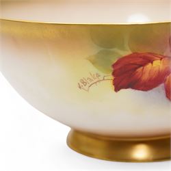 Royal Worcester porcelain vase c1931, hand painted with autumnal fruit and berries by Kitty Blake, signed, shape no. G161, H7cm, together with a similarly decorated hand painted bowl, also by Blake, c1936, D18cm (2)