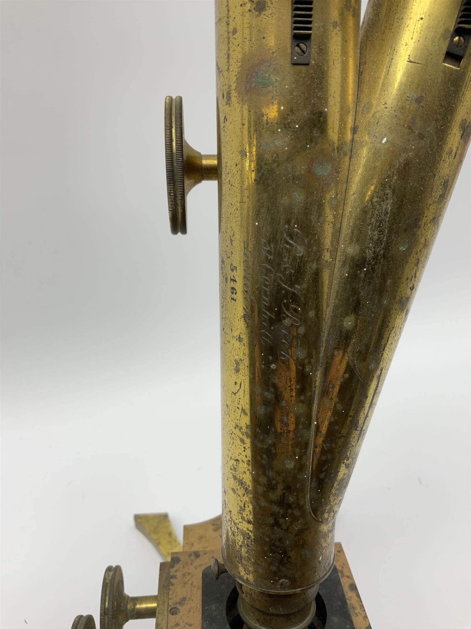 Victorian lacquered brass binocular microscope by R. & J. Beck with rack and pinion and fine focusing, stage fitted with direction adjusters above a plano/concave mirror, the main tube stamped 'R. & J. Beck 31 Cornhill London 5461' H39cm