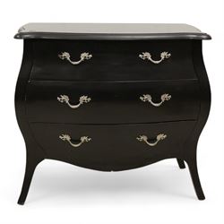 French design black finish bombe chest, shaped moulded top over three drawers, on splayed feet; and a painted bombe chest (2)