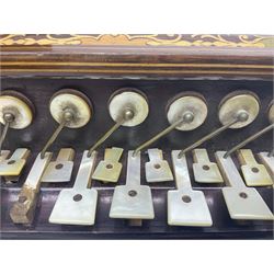19th Century inlaid rosewood Flutina accordion, stamped Busson of Paris, having sixteen mother of pearl keys and six fold floral decorated bellows L30cm; in baize lined mahogany box
