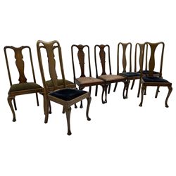 Matched set of fourteen early 20th century mahogany dining chairs, shaped cresting rail over shaped splat, upholstered drop-in seat, on cabriole front supports 
