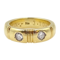 18ct gold two stone round brilliant cut diamond ring, rubover set, stamped 750