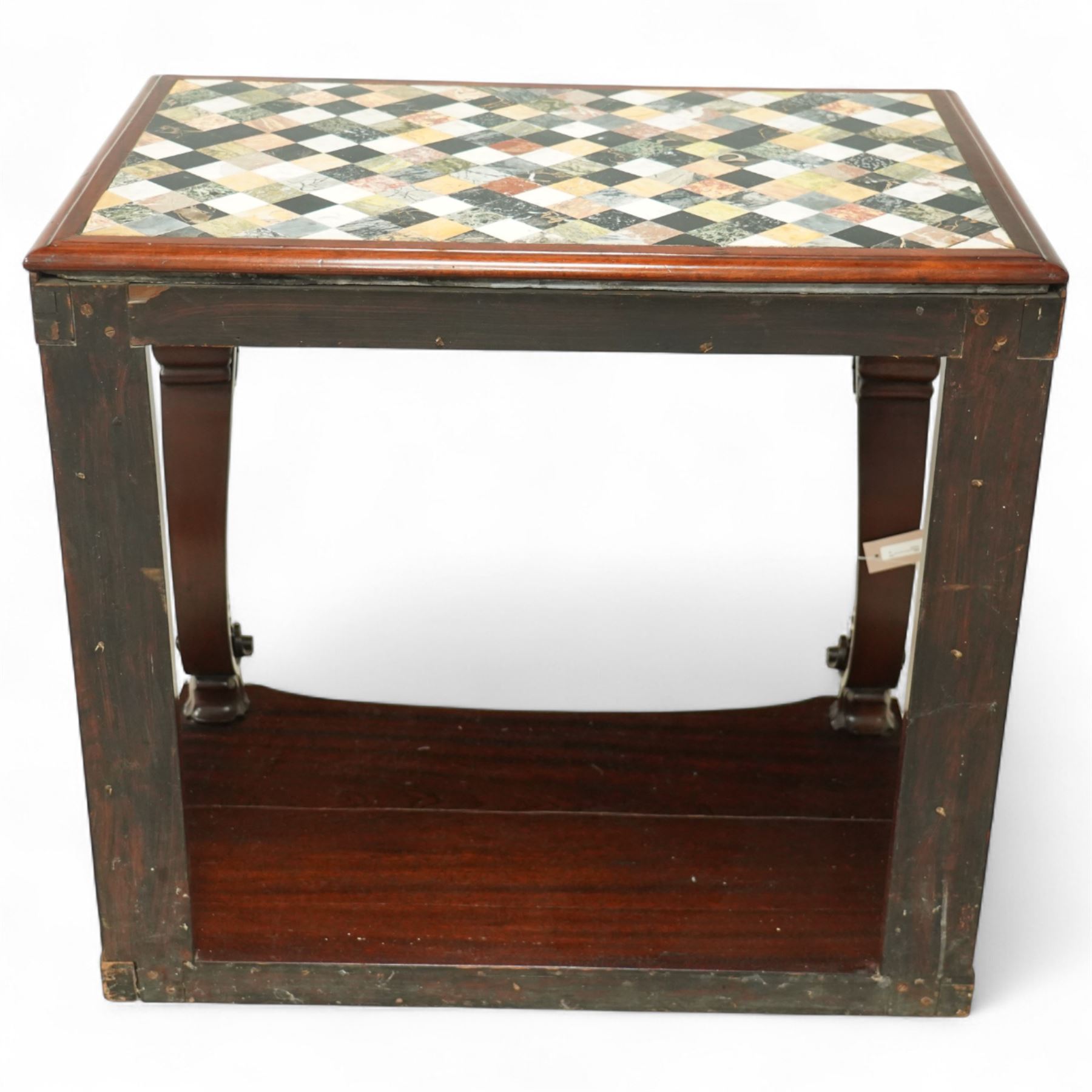 Regency style late 19th century mahogany and Italian specimen marble top console table, rectangular top inlaid with a chequered arrangement of various coloured marbles within a mahogany border, above a plain frieze raised on bold acanthus carved scroll supports over a concave plinth base