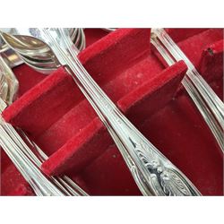 Canteen of King's pattern cutlery for six place settings by James Ryals of Sheffield, with two extra forks, pair of salad servers and six fish knives, all within fitted wooden case, together with six ivorine handled butter knives and six silver plated cake forks