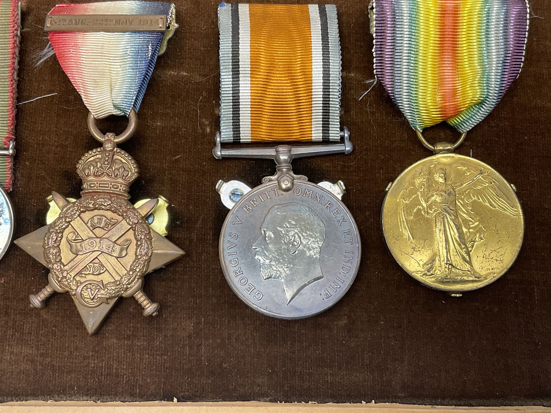 DOW Eure-et-Loir group of seven Boer War/WW1 medals comprising Queens South Africa Medal with three clasps for Cape Colony, Transvaal and Wittebergen, Kings South Africa Medal with two clasps for South Africa 1901 and South Africa 1902, Turkish Liakat Medal, George V Coronation Medal, 1914 Star with 5th Aug.-22nd Nov. 1914 bar, British War Medal and Victory Medal awarded to Captain Douglas Leslie Stephen Grenadier Guards; group of four Boer War and 1911 Coronation miniature medals; all with ribbons and later mounted and framed with his bronze memorial plaque;  together with Cecil Cutler (active 1886-1934) heightened watercolour three-quarter length portrait of Douglas in uniform, signed and dated 1915, 52 x 35cm; gilt frame; Auctioneers Note: Douglas was the elder brother of Albert Alexander Leslie Stephen (see previous lot) and died of wounds on 10th September 1914 in France.