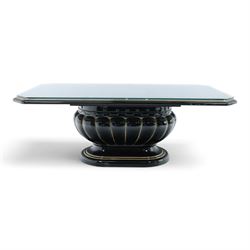 Italian Neoclassical inspired ebonised gloss coffee table, glazed cantered top with Greek key banding, on a shaped pedestal base with gilt highlights and stepped plinth 