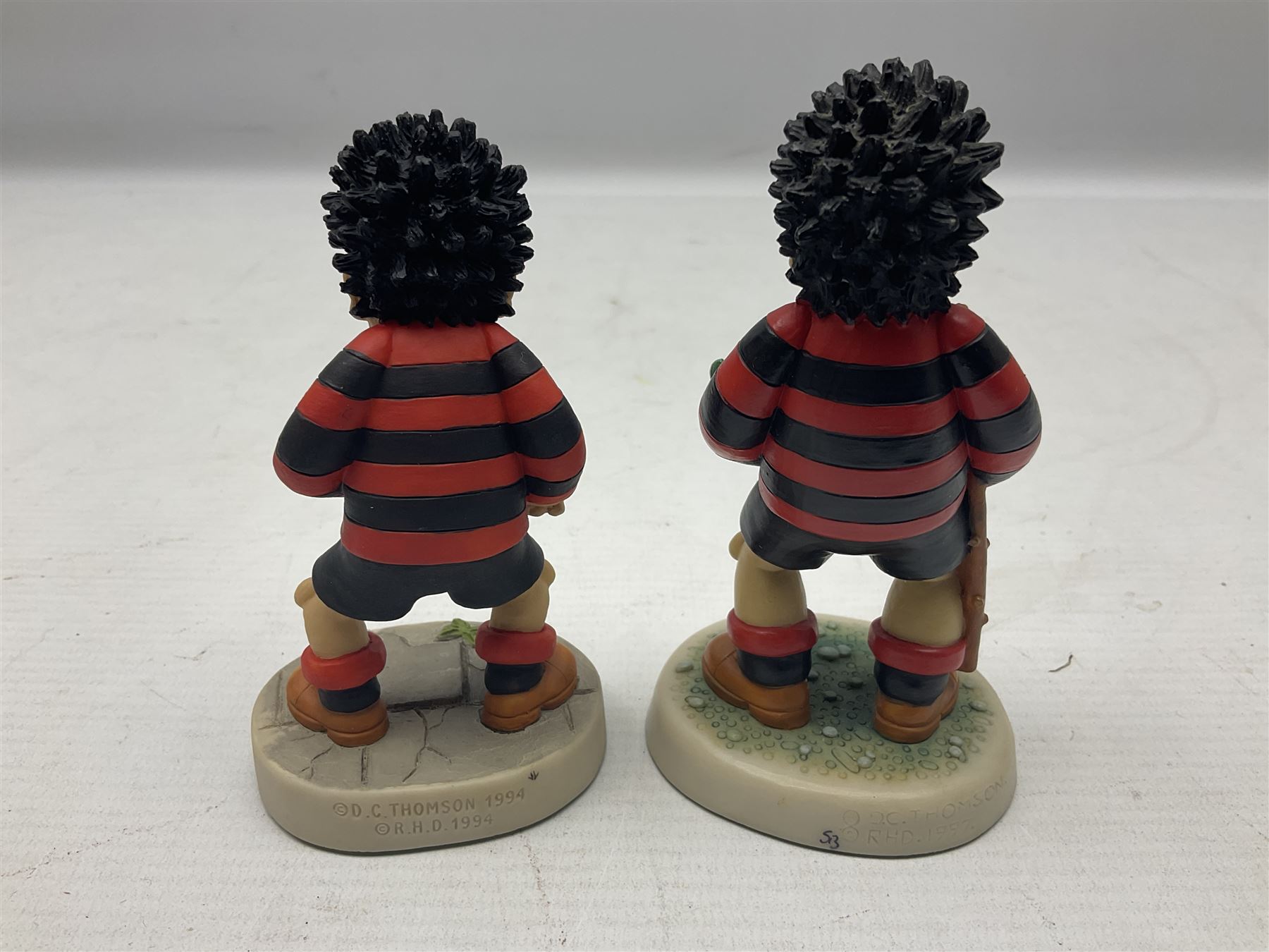 Thirteen Robert Harrop figures from the Beano Dandy collection, comprising Yo-Yo Collectors Piece 1996, Desperate Dan BD03, Cuthbert Cringeworthy BD08, Teach BD06, 'Erbert BD14, Toots BD12, Winston BD17, Fatty BD07, Dennis The Menace BD01, Dennis the Menace Fishing BD806, Sydney BD13, Wilfrid BD15 and Plug BD11