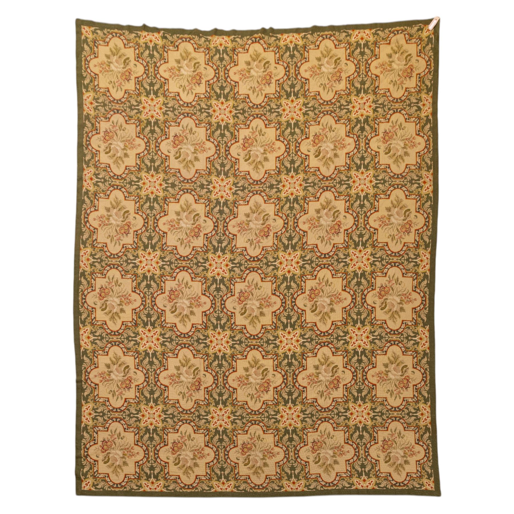Late 20th-century Aubusson-style woven tapestry of rectangular form, woven with an all-over repeating arrangement of cream quatrefoil cartouches, each enclosing a stylized floral spray with an olive green scrolling foliate ground, interspersed with star motifs 