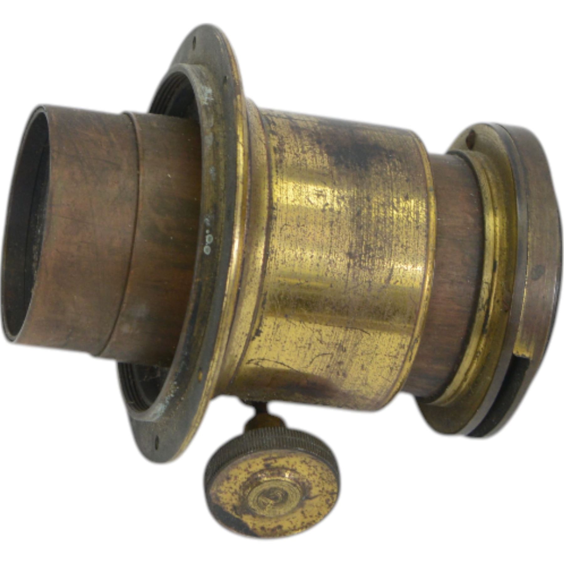 Late 19th century/early 20th century brass mounted mahogany magic lantern with brass lens