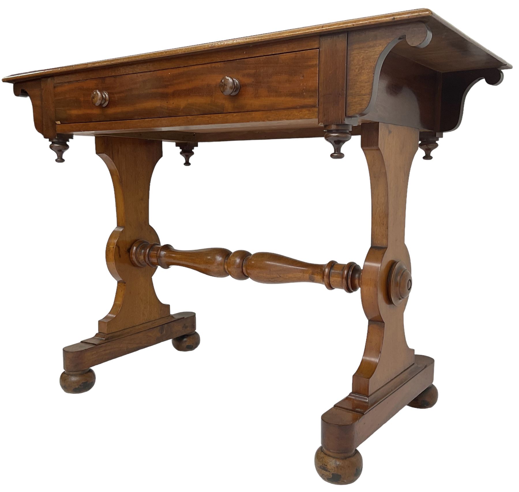 Victorian design mahogany side table, fitted with single drawer, raised on shaped end supports with bun feet, united by turned stretcher