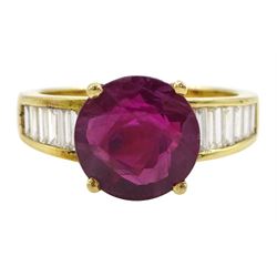 18ct gold ruby and diamond ring, single round cut ruby of approx 3.25 carat, with channel ...