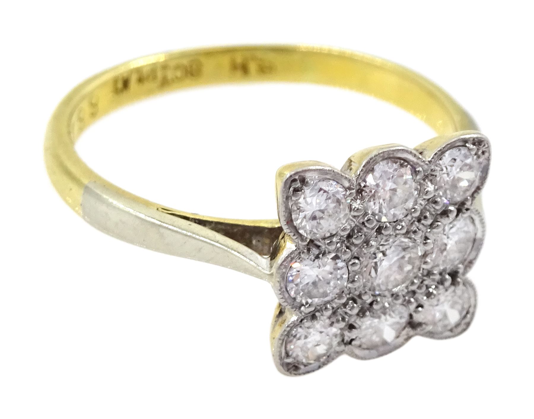 Early-mid 20th century 18ct gold milgrain set diamond square cluster ring, stamped, total diamond weight approx 0.45 carat