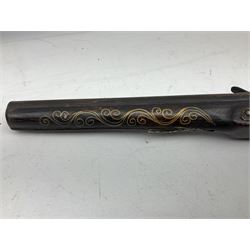 Reproduction flintlock pistol, the full walnut stock with brass filigree inlay and mounts and skull crusher butt L46cm; no visible proof marks FIREARMS CERTIFICATE REQUIRED OR RFD