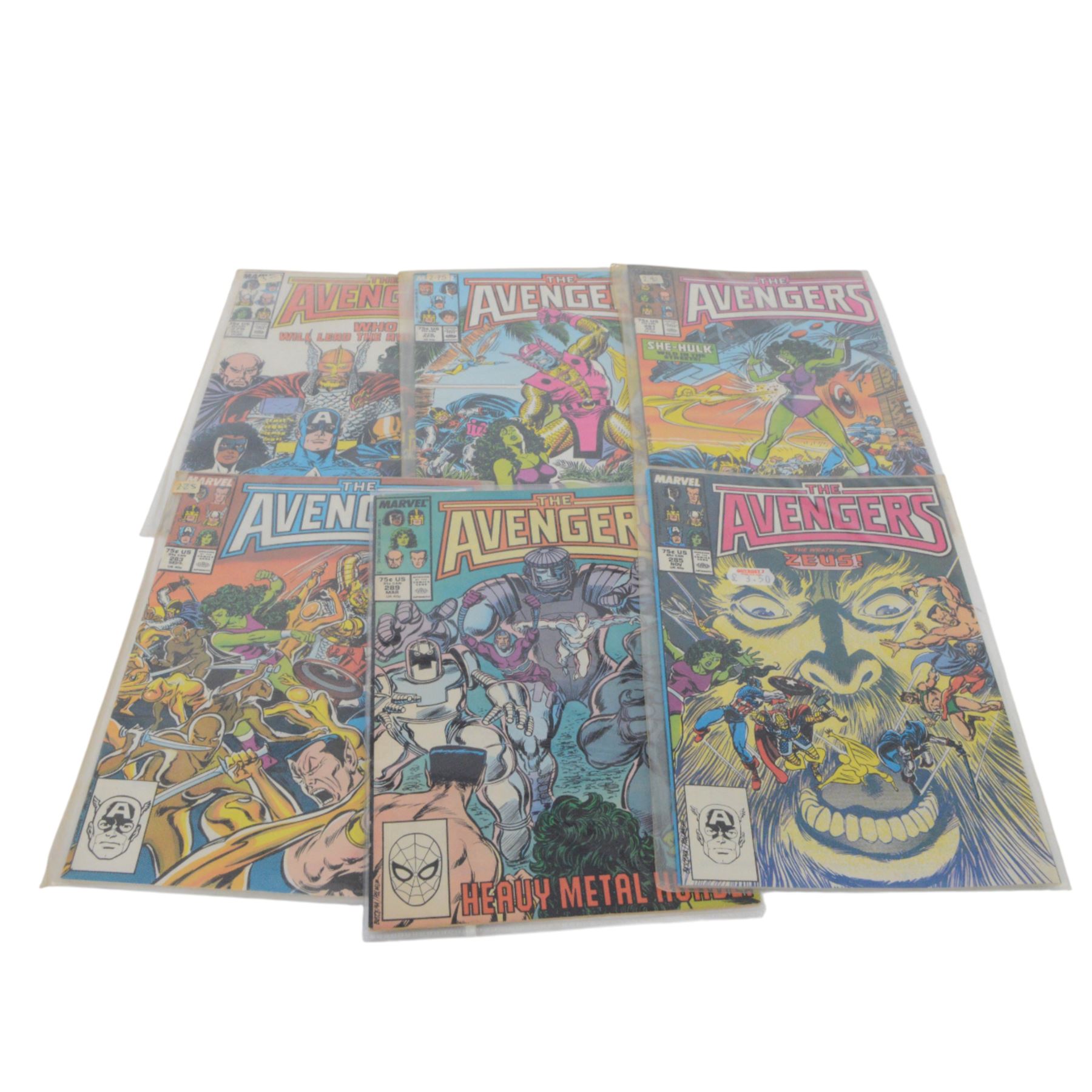 Thirty-five Marvel Bronze Age and later comic books, comprising sixteen 'The Avengers' #263, #274, #275, #276, #277, #278, #279, #281, #283, #285, #289, #291, #294, #295, #296, #297, King Size The Avengers Annual #7, 'Marvel One-Shot Thanos The Final Threat', 'Marvel Premiere Featuring Iron Fist' #24, True Believers 'Wolverine vs Hulk', 'The Thing' #1, four The Invincible Iron Man #59, #63, #71 and #100, eight Marvel Two in One 'The Thing' #2, #6, #11, #12, #18, #46, #50, #62 and #88 and one copy of 'The Sensational She-Hulk #4, mostly bagged