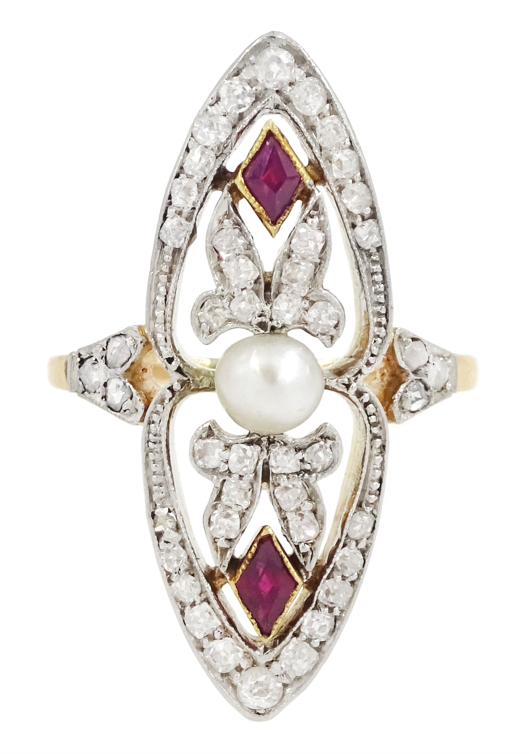 Early 20th century gold and platinum diamond, ruby and pearl marquise shaped ring, set with a single white pearl, within a fancy openwork old cut diamond and kite cut ruby surround, with diamond set shoulders, total diamond weight approx 0.50 carat