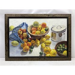 Neil Tyler (British 1945-): 'Citrus' - Still Life of Fruit, oil on board signed and dated '98, titled on label verso 60cm x 90cm