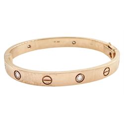 9ct rose gold rubover set, round brilliant cut diamond bangle, hallmarked, total diamond w...