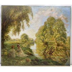 John Lochhead RBA (Scottish 1866-1921): 'Land of Happy Dreams' on the banks of the Great Ouse, oil on canvas signed, titled and dated 1920 verso 107cm x 122cm (unframed)
Notes: period newspaper cutting verso giving details of the artist's studio and referring to the 'Land of Happy Dreams' as his largest work