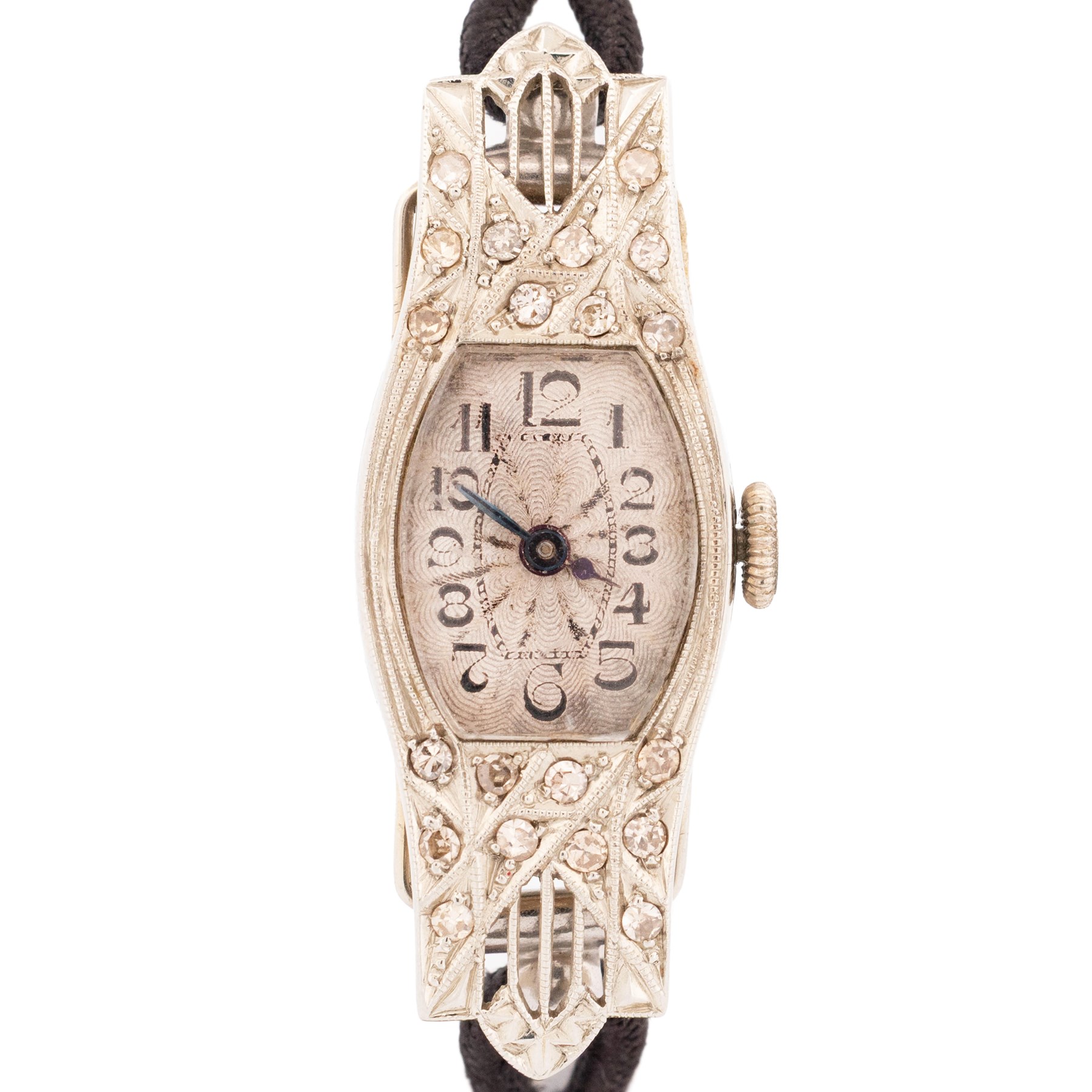 Art Deco 18ct white gold diamond ladies manual wind wind wristwatch, silvered engine turned dial with Arabic hour markers, the pierced design case milgrain set with single cut diamonds, Glasgow import mark 1928, on black cord strap, with stainless steel clasp