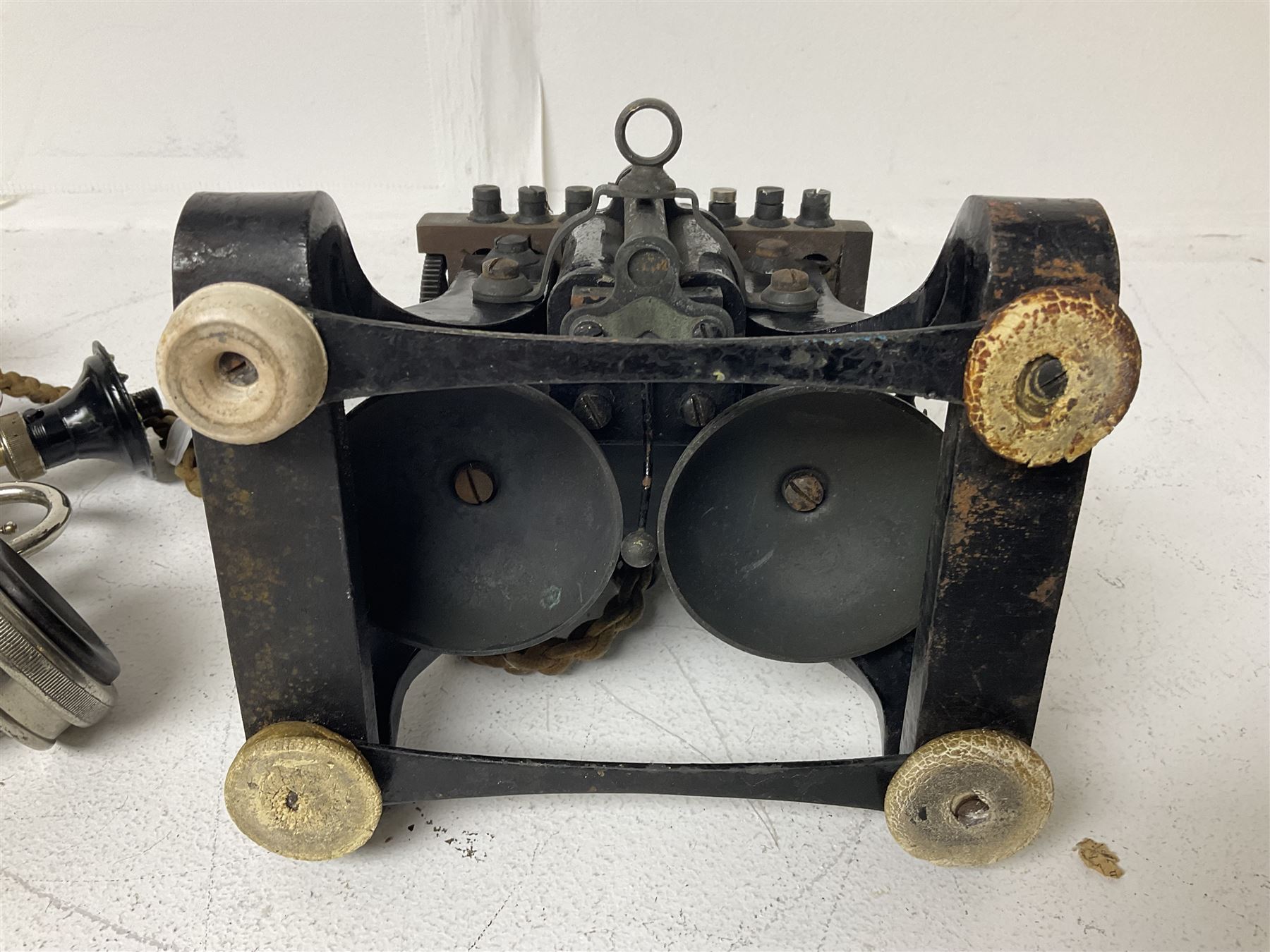 Early 20th century Skeleton Type telephone, probably made by Ericsson, marked MR No. 16, with headset, H30cm