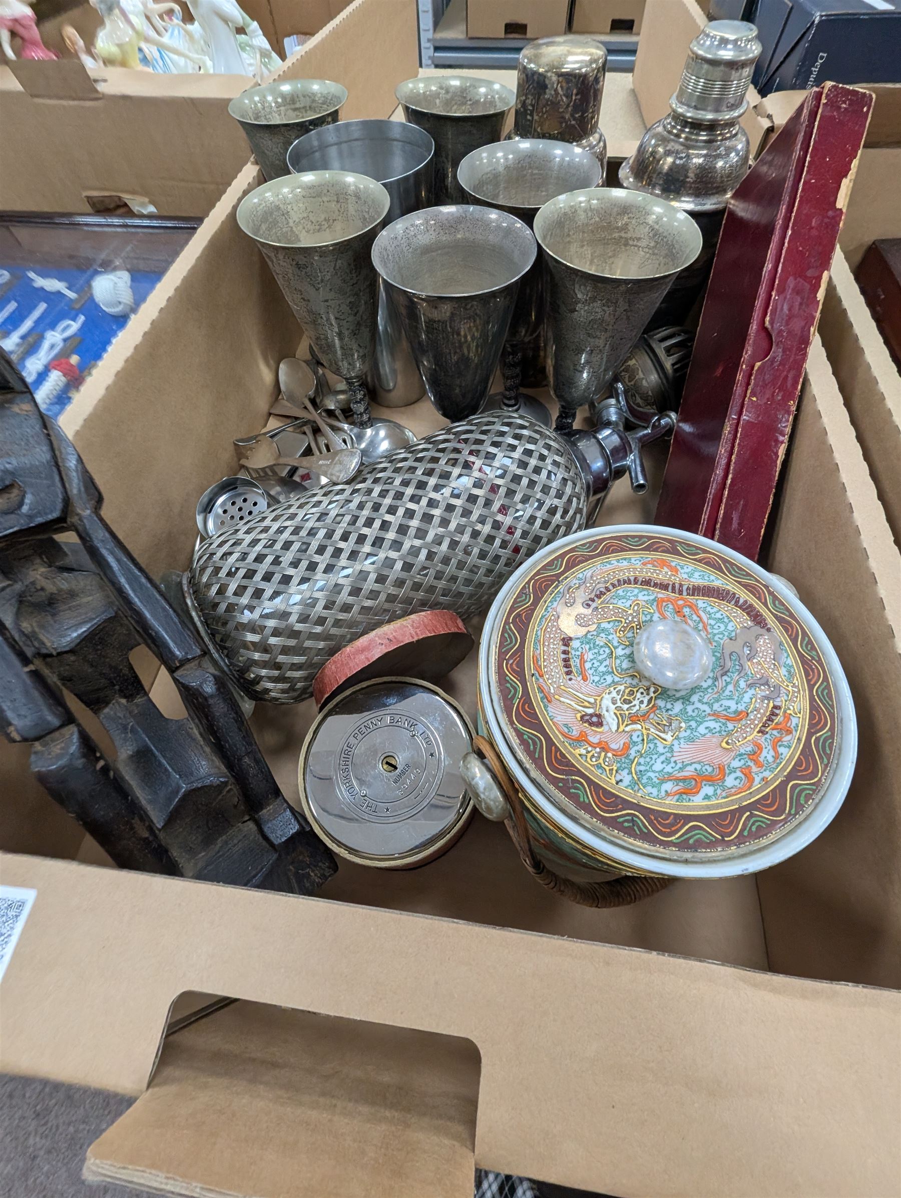 Silver plated cocktail shaker and goblets, knot display, House of Fraser silver plated canteen, costume jewellery, etc 