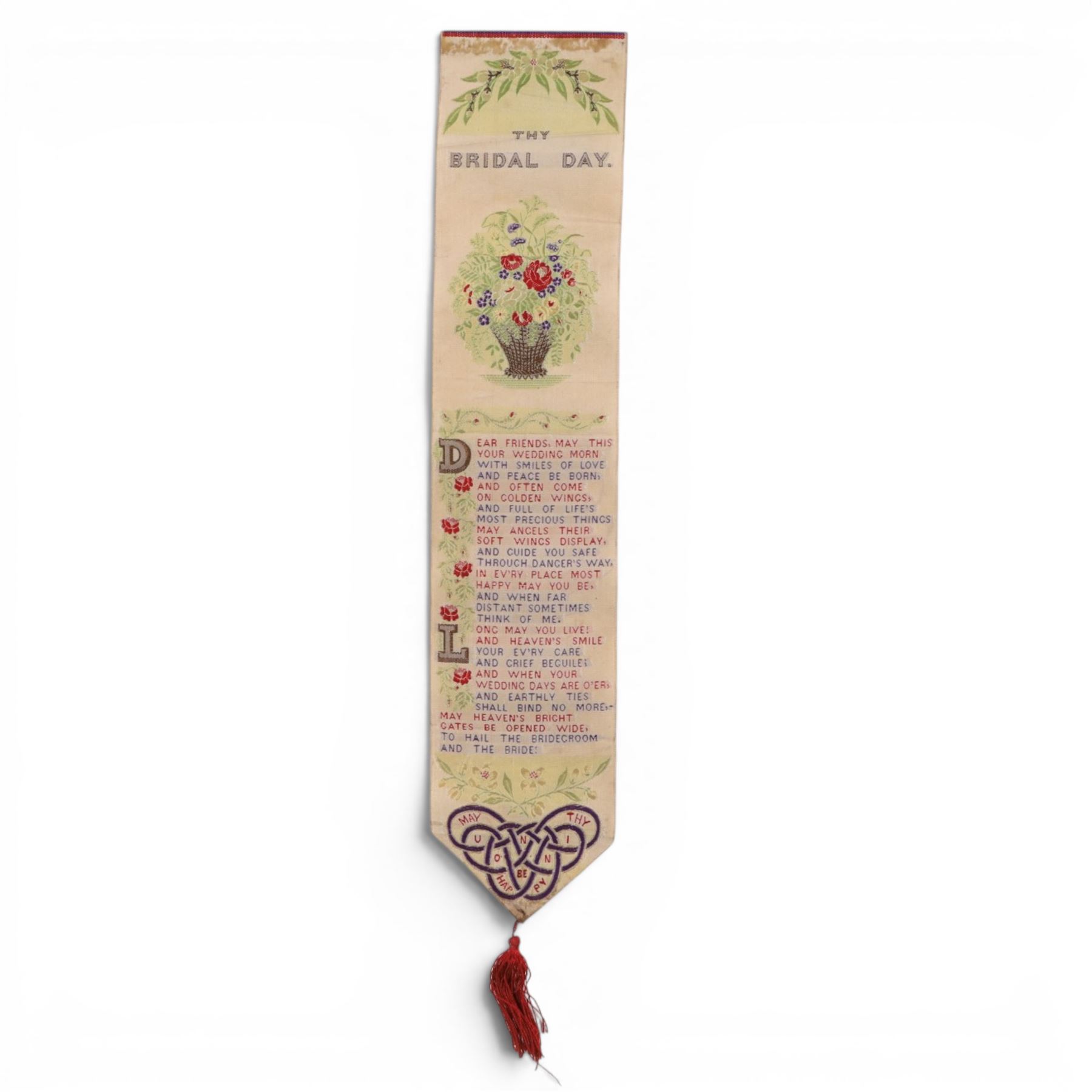 Two Victorian Stevengraph bookmarks, The Old Armchair and Thy Bridal Day 