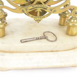 Joseph Wilkinson of South Street, Sheffield - single train 8-day skeleton clock c1860, mounted on an oval stepped white marble base with bun feet, finely pierced and fretted dial with engraved Roman numerals each on a shield background, scroll pattern five pillar frames engraved with the retailers name and surmounted by a silvered bell and spire, chain driven fusee movement with five spoke wheels, deadbeat escapement and passing single strike on the hour. With key and pendulum.