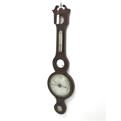  19th century inlaid mahogany wheel barometer with silvered dials and thermometer, inscribed Josh. Machy, Warranted Liverpool, H99cm  