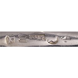 George III silver caddy spoon, of shovel form, with engraved foliate decoration and mother of pearl handle, hallmarked William Pugh, Birmingham 1809