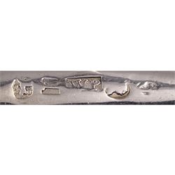 George III silver caddy spoon, of shovel form, with engraved foliate decoration and mother of pearl handle, hallmarked William Pugh, Birmingham 1809