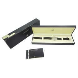 Alfred Dunhill gentleman's stainless steel manual wind wristwatch, silvered octagonal dial with Arabic hour markers, on original black leather strap, with original buckle, boxed