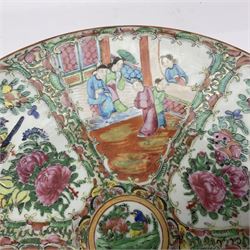 Late 19th century Cantonese enamel charger, decorated with panels of figures and panels of flowers amongst blossoming foliage, D36cm
