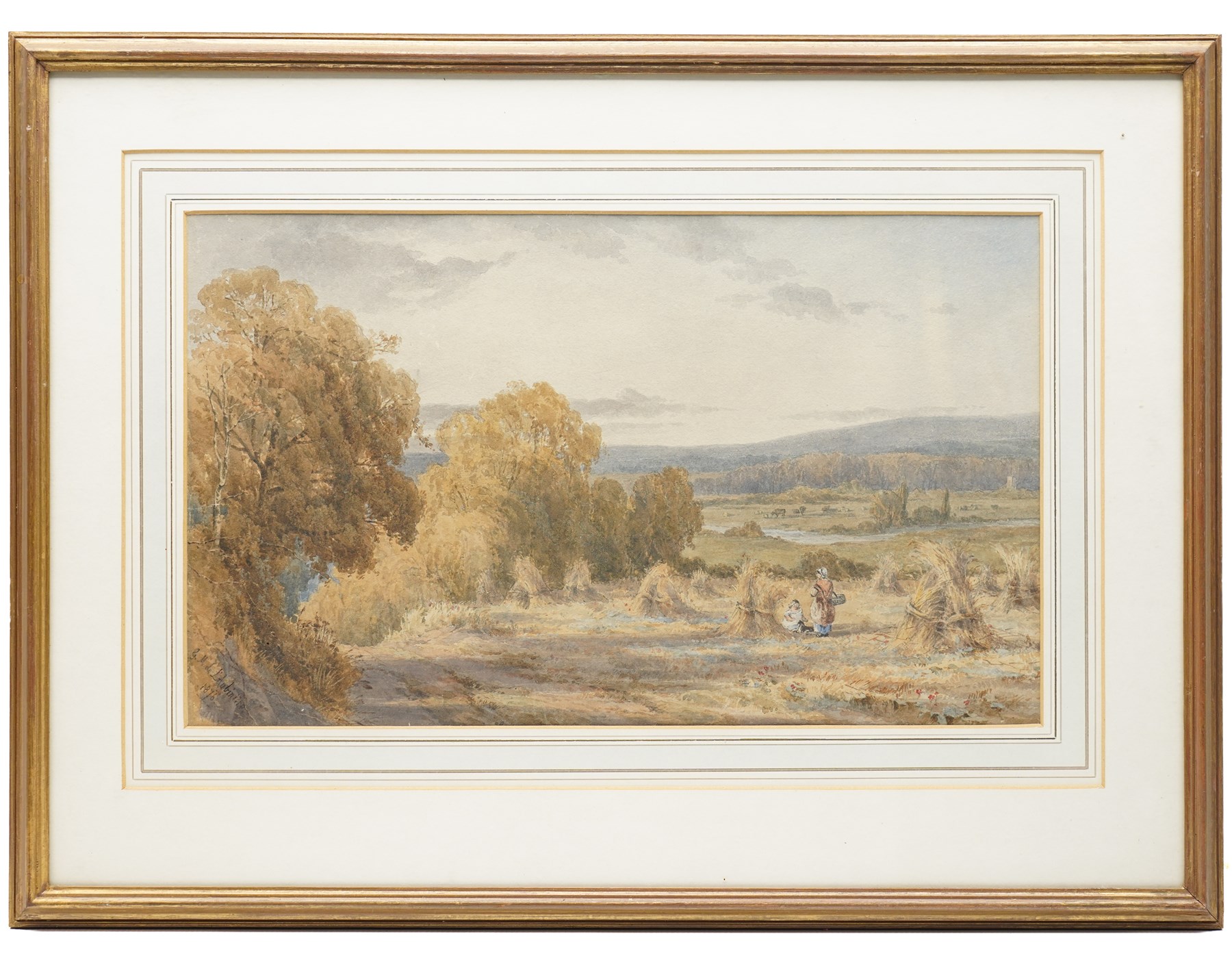 Georgina Martha de l'Aubiniere (British 1848-1930): Mother and Child among Haystacks, watercolour signed and dated 1876, 26cm x 44cm