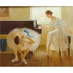  Ballet Dancers in Practise and at the Ballet Recital, pair of 20th century oils on board unsigned 49cm x 59cm, in matching design frames (2)  