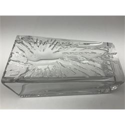 Daum clear crystal glass vase of square sleeve form decorated with stylised sunburst motif, engraved signature to the reverse H25cm