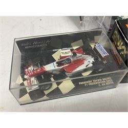 Panini Formula 1 The Car Collection - twelve die-cast models including ten in unopened packaging with periodical; all models in plastic display boxes; and eight other boxed die-cast models of racing cars by Corgi, Onyx, Classico, Minichamps etc (20)