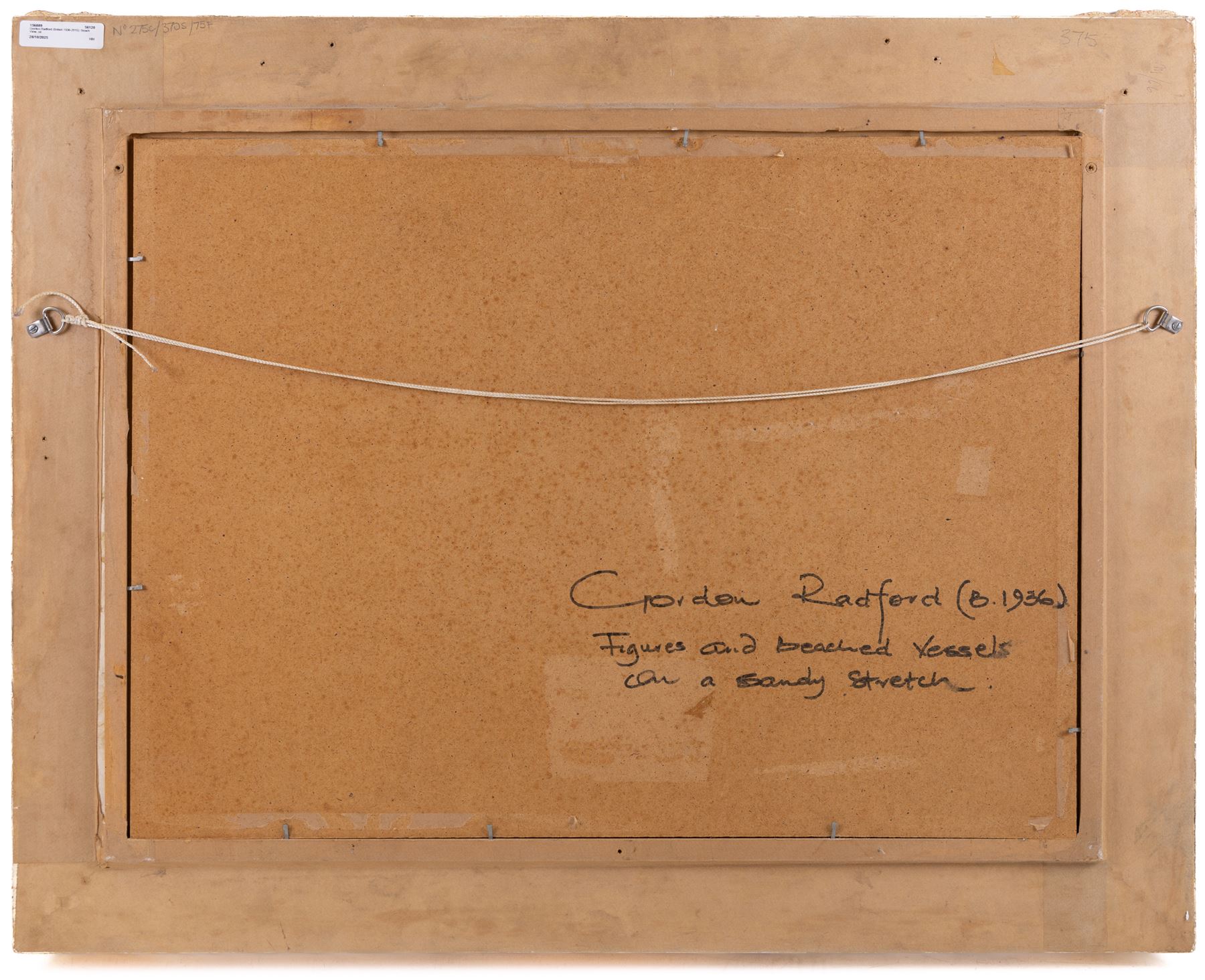 Gordon Radford (British 1936-2015): 'Figures and Beached Vessels on a Sandy Stretch', oil on board signed, titled verso 45cm x 60cm