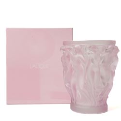 Lalique Bacchantes pattern frosted and clear pink glass vase signed 'Lalique France' H25cm in original pink Lalique box with guarantee etc