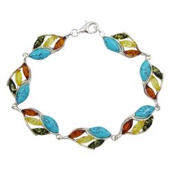 Silver turquoise and tri-colour Baltic amber bracelet, stamped 925