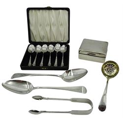Early 20th century silver matched set of six Albany pattern teaspoons, hallmarked H V Pithey & Co, Birmingham 1907 and 1909, and Maxfield & Sons Ltd, Sheffield 1909, contained within a fitted case, together with two Georgian silver Old English pattern tablespoons, with engraved monogram to terminals, hallmarked Robert Rutland, London 1811, and London 1796, maker's mark W.S, pair of Victorian silver sugar tongs, late Victorian silver sifting spoon, late Victorian silver knife, and small silver mounted cigarette box, hallmarks worn and indistinct, approximate total weighable silver 9.51 ozt (296 grams)