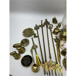 Brasswares, including oil lamp, decorative hooks, toasting forks, candle sticks, letter openers etc. 