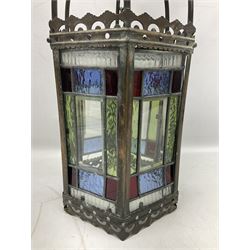 Victorian brass and stained leaded glass hall lantern, of hexagonal form, supported by four domed arms and pierced fret, H46cm W20cm