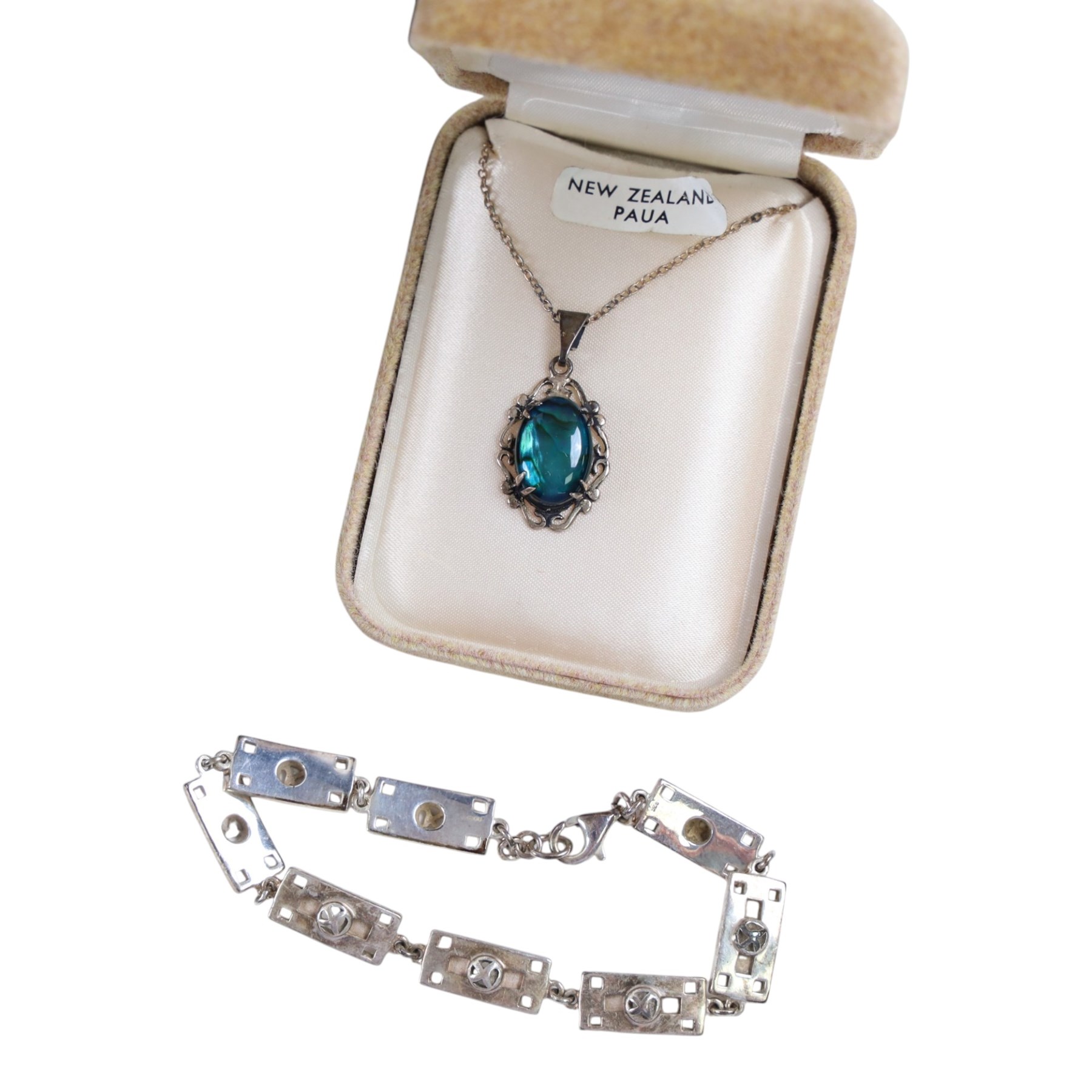 Collection of silver and silver stone set jewellery, including two Pandora rings, cross pendant, brooch, baby bangle, earrings, bracelet and locket, together with a pair of silver plated sugar tongs, jet brooch and copper stamp box
