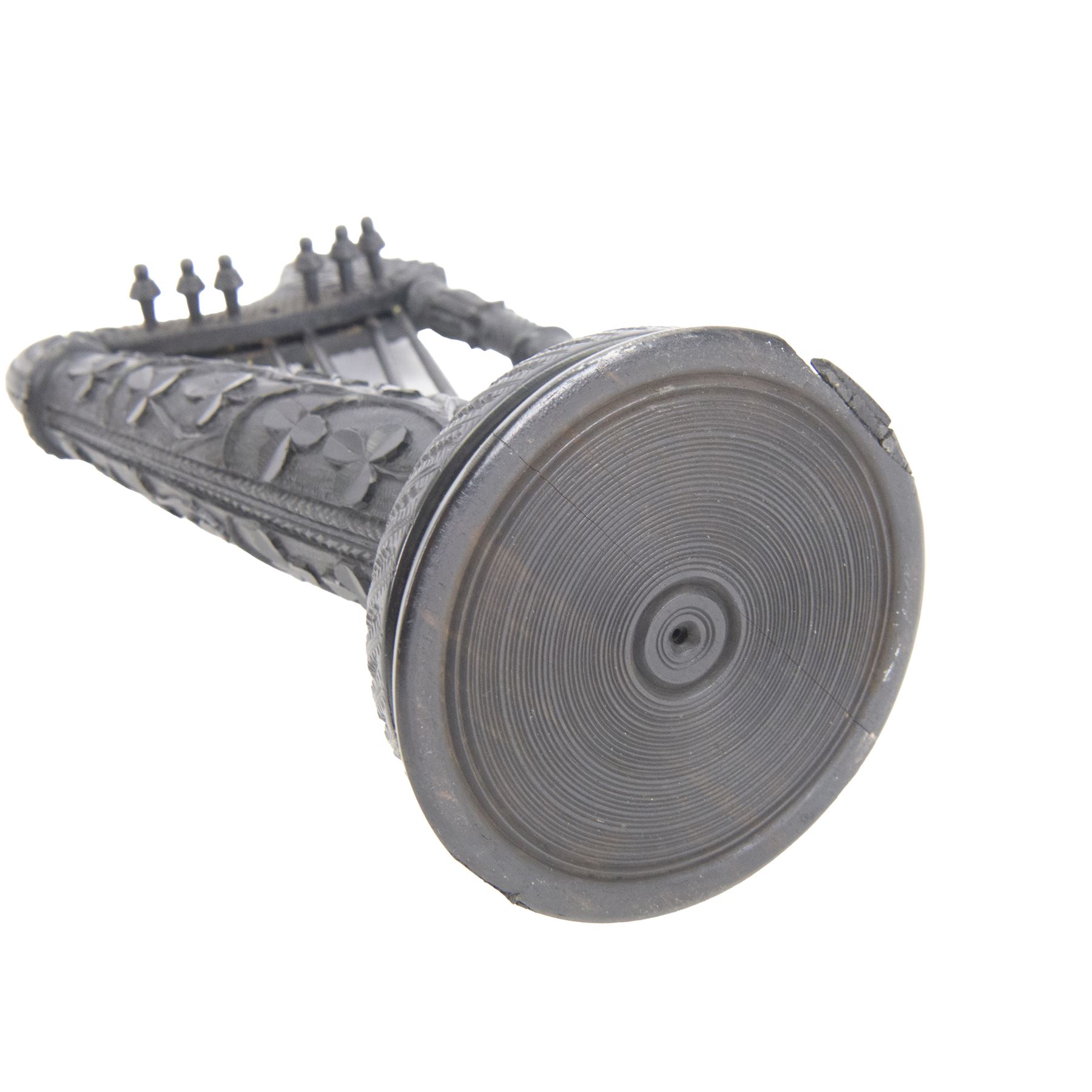 19th century Irish carved bog oak model of a harp, detailed with fluting, diamond cuts and shamrocks, upon a turned circular base, H29cm
