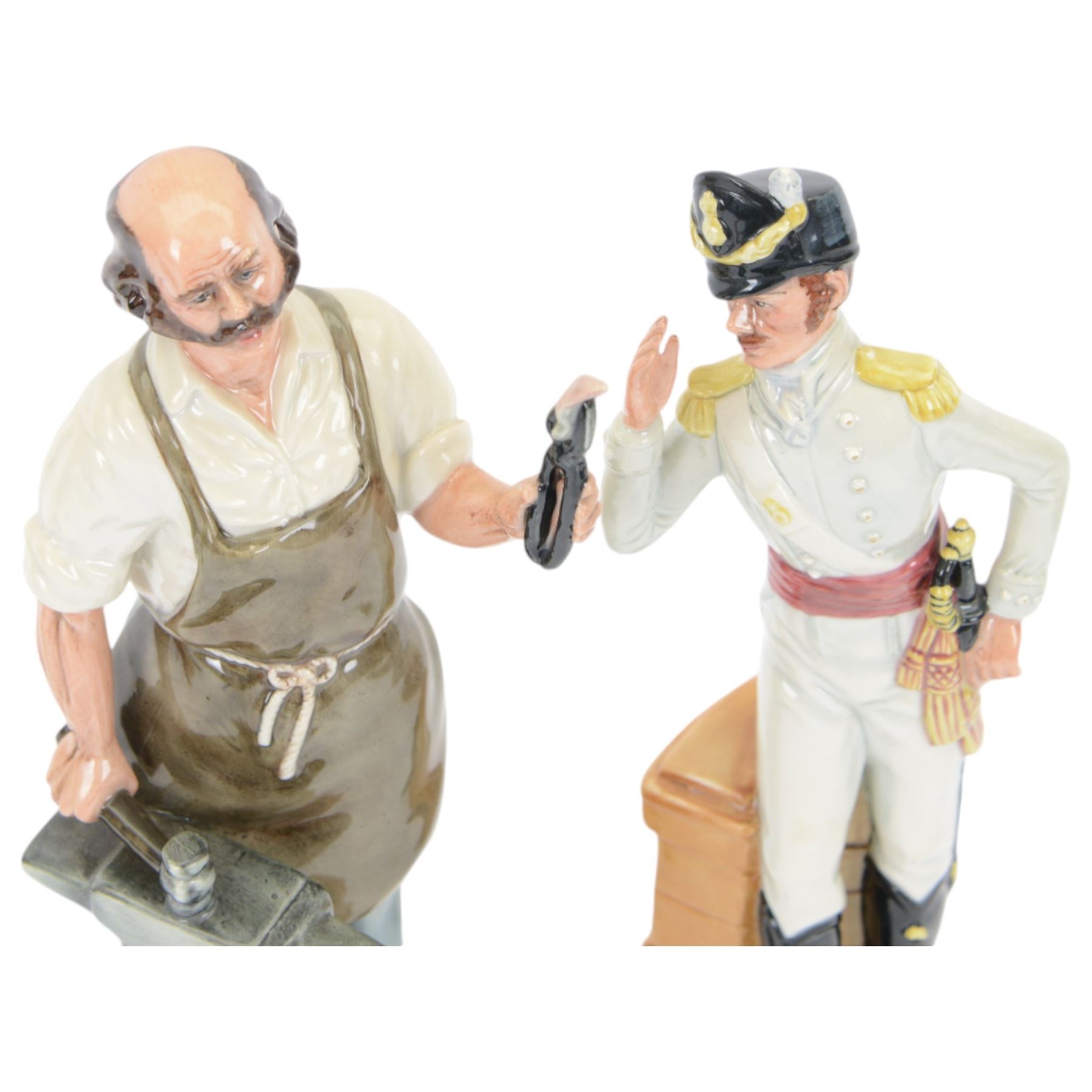 Four Royal Doulton figures, comprising The Mark Seller HN2103, The Wizard HN2877, The Blacksmith Arms HN2782, Morning Ma'am HN2895 