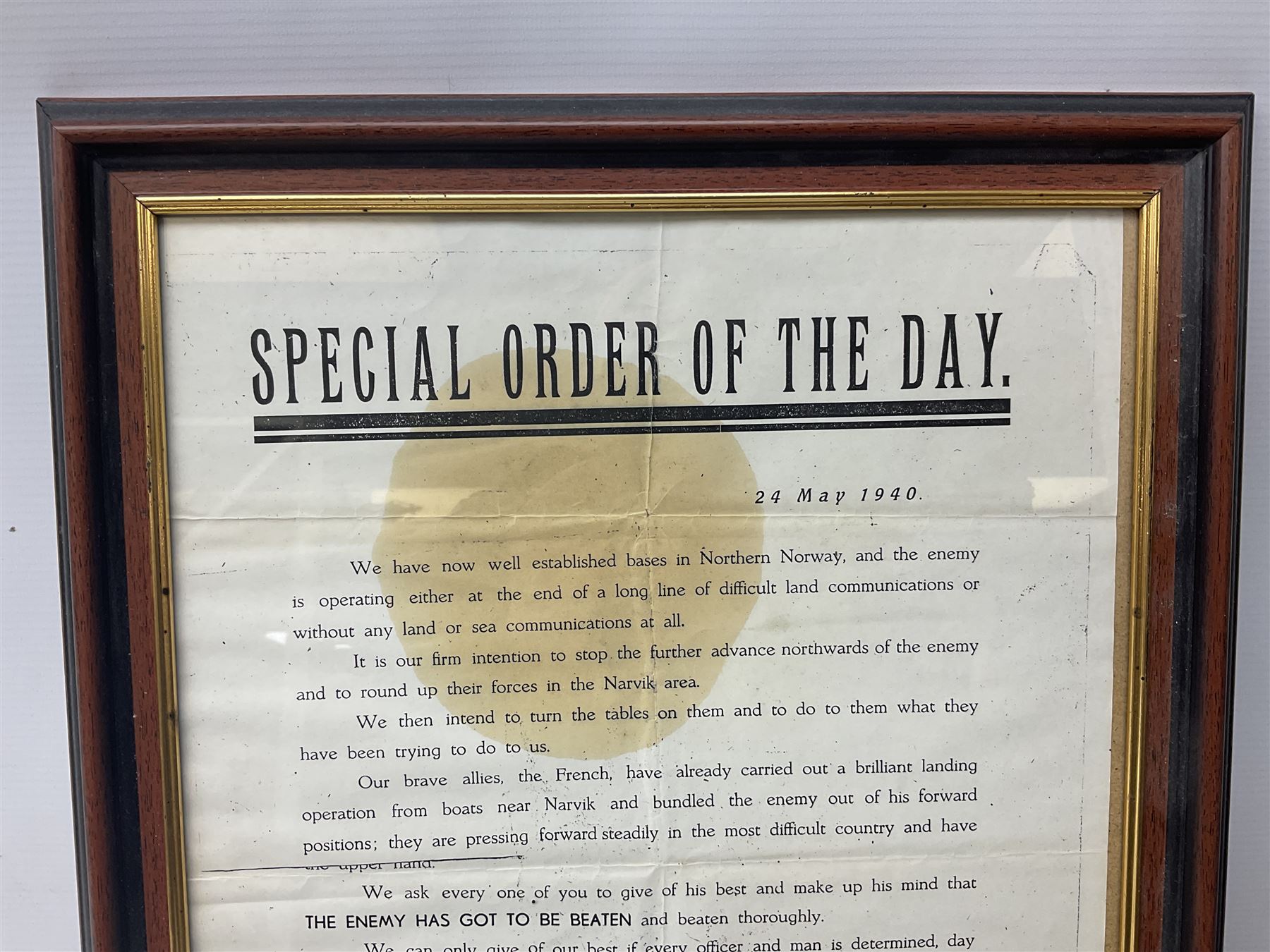 Framed WW2 'Special Order of the Day' poster date 24th May 1940 relating to Narvik in Norway; WW1 Princess Mary Christmas tin with quantity of uniform buttons; cigarette silk of the Prince of Wales in uniform; Royal Navy dinner menus, including HMS Daedalus Taranto forty-third, forty-fourth and forty-fifth anniversary dinners, 1983-1985, the wardroom mess summer ball, etc   